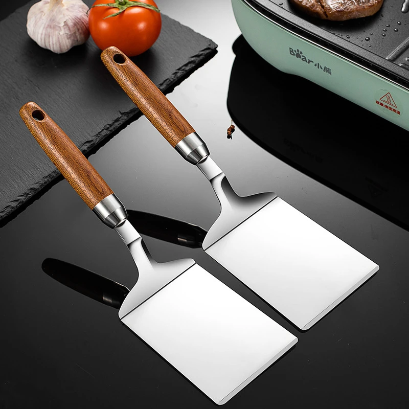 Okonomiyaki Spatula - Edelstahl-Steak-Kochspatel mit quadratischem Kopf, Pizzaschaufel, Pfannkuchen-Rindfleischwender,