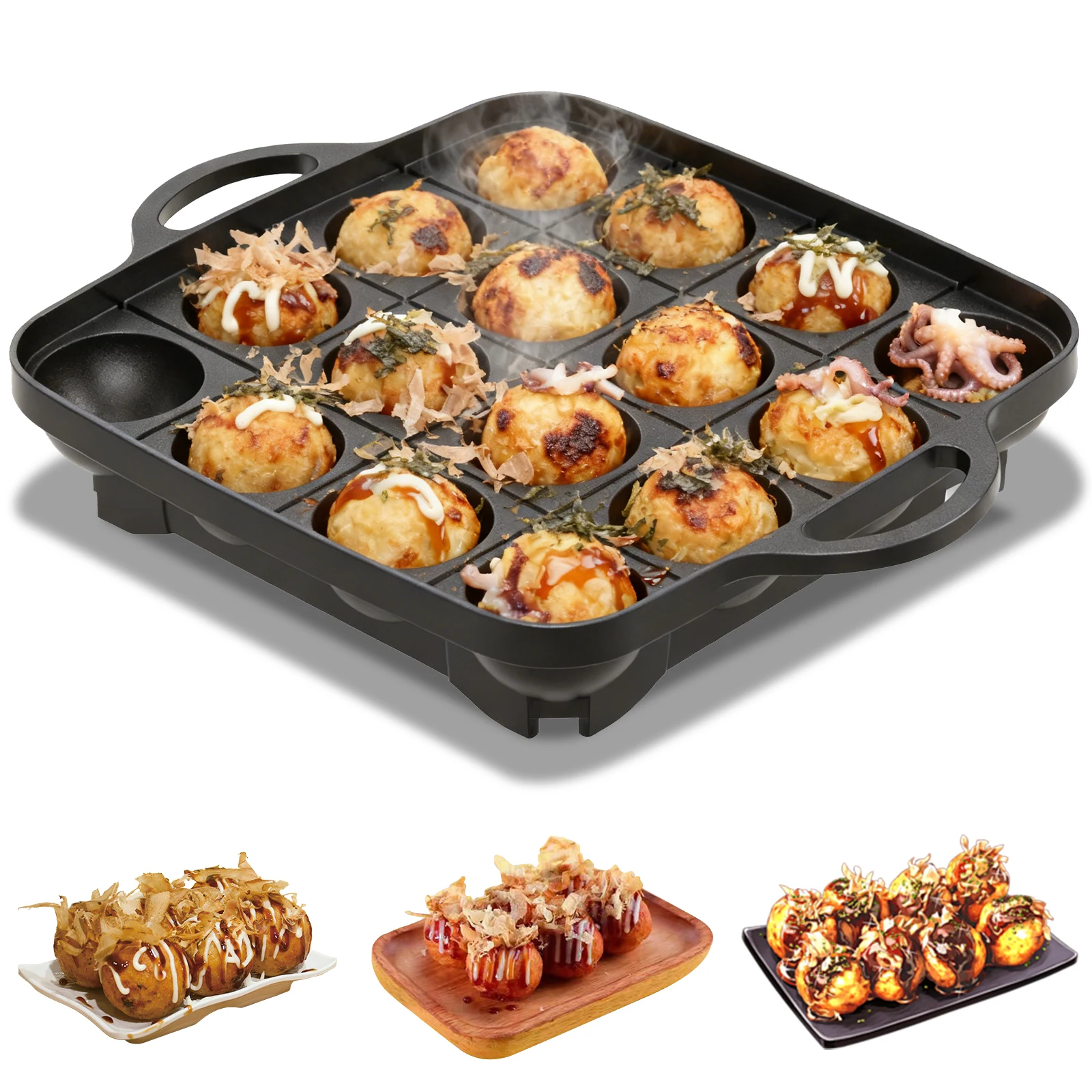 Takoyaki Grill Plate - 16-Loch Takoyaki-Pfanne aus Aluminiumguss, Antihaftbeschichteter Pfannkuchen-Kugelformer,