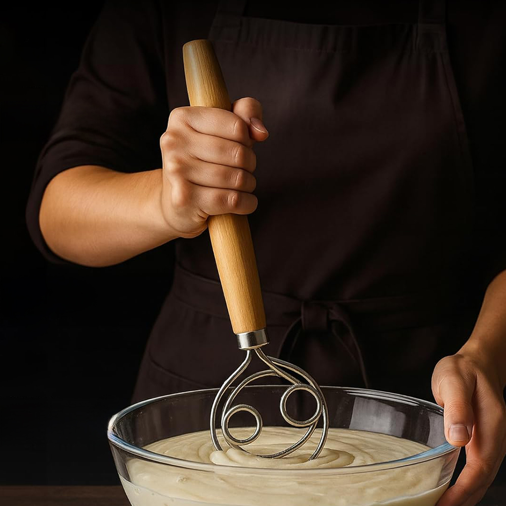 Danish Pancake Pan - 304 Edelstahl Teigbesen mit Glattem Holzgriff