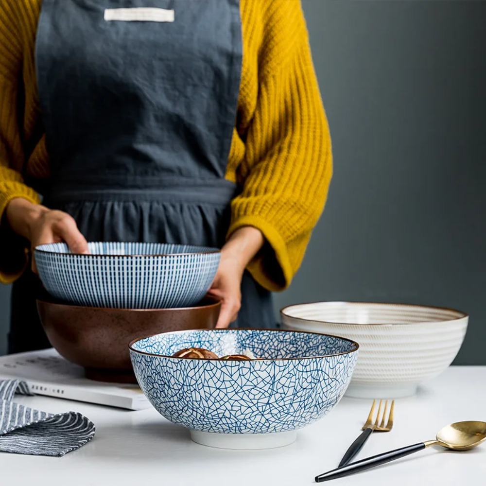 Dim Sum Basket - Japanische Lamian-Nudelschüssel aus Keramik, Retro-Geschirr, gestreiftes